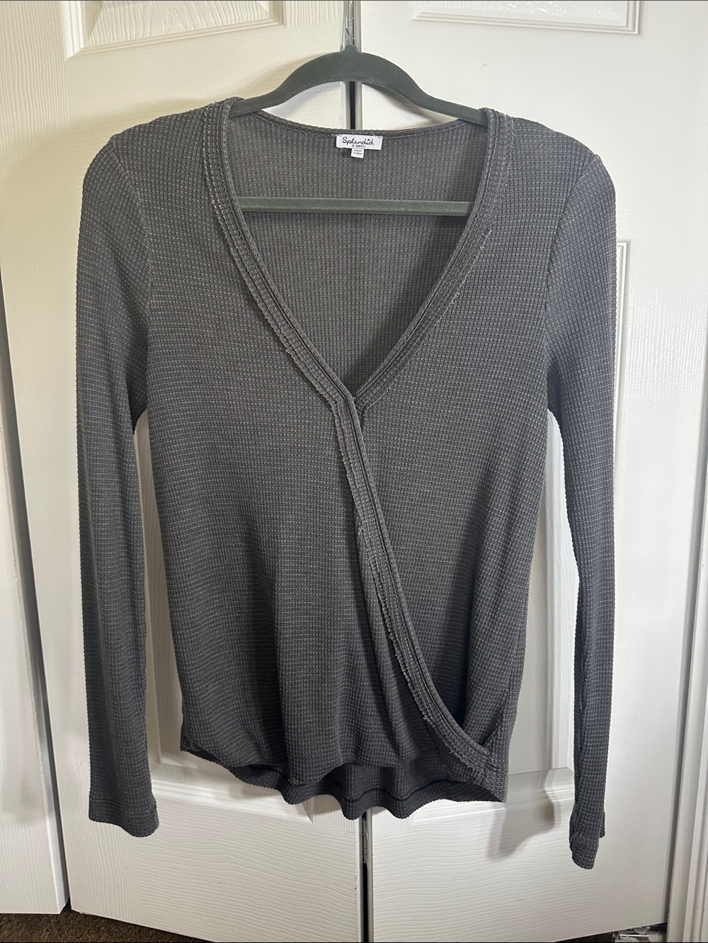 Splendid Charcoal Gray Waffle Wrap-Front Long Sleeve Top